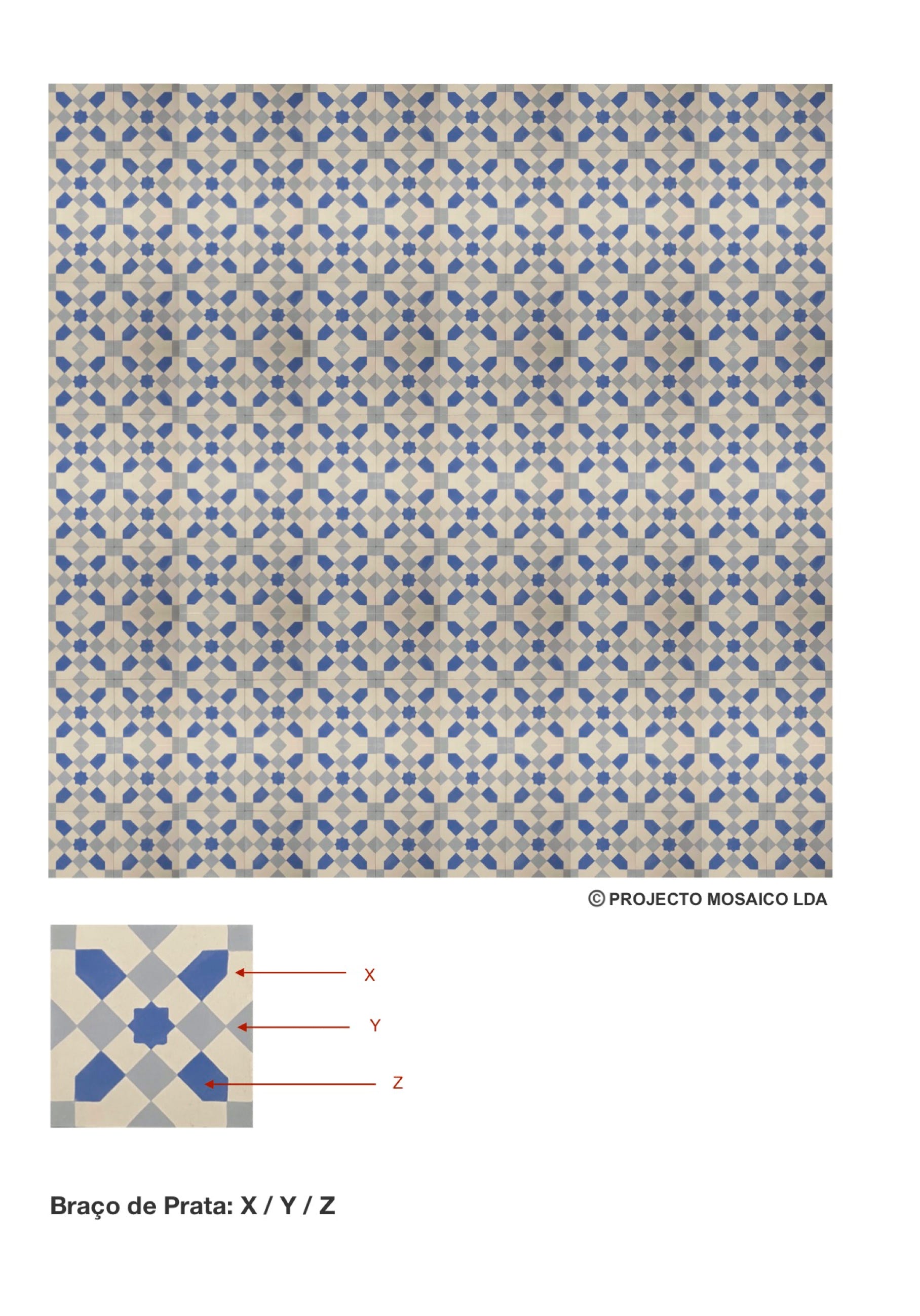 illustração de aplicação do mosaico hidráulico ref: Meia Esquadria P